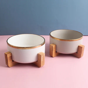 Ceramic dog bowl with bamboo stand