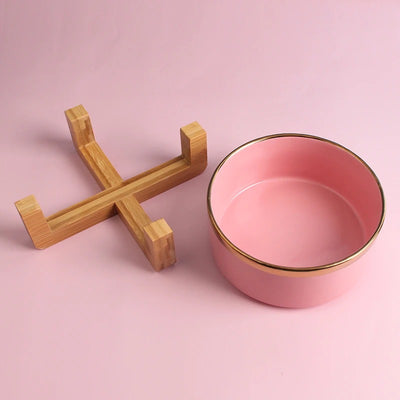 Ceramic dog bowl with bamboo stand